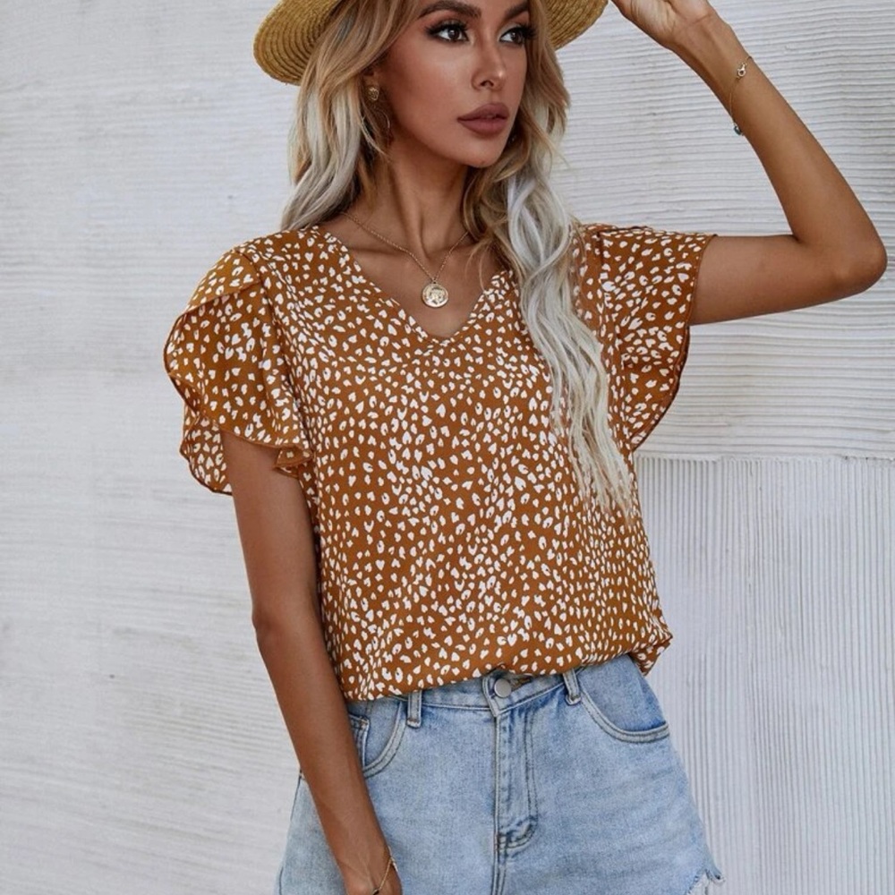 Ruffle frill short sleeve boho leopard top blouse bohemian tan black - Picture 5 of 6